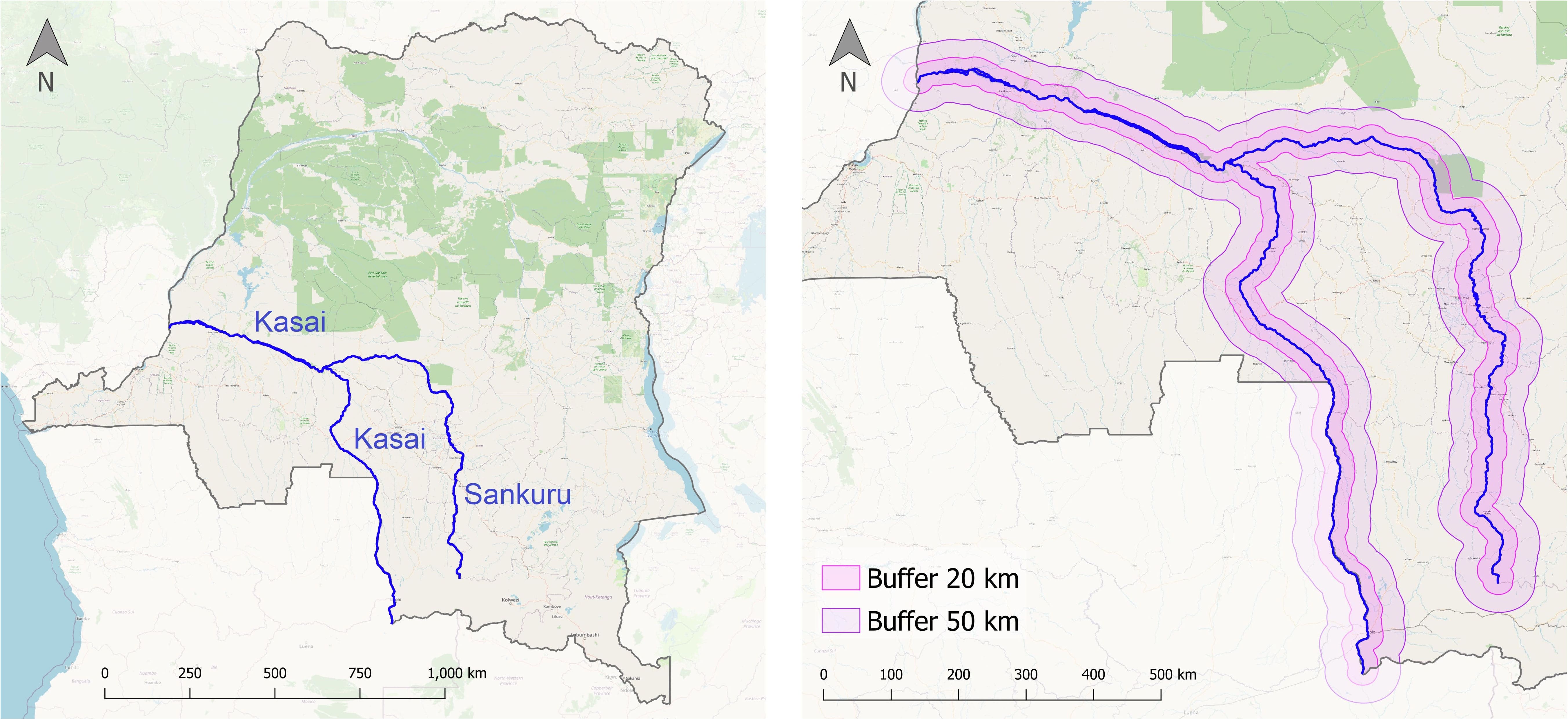 Rivers Kasai and Sankuru and buffer around the rivers.